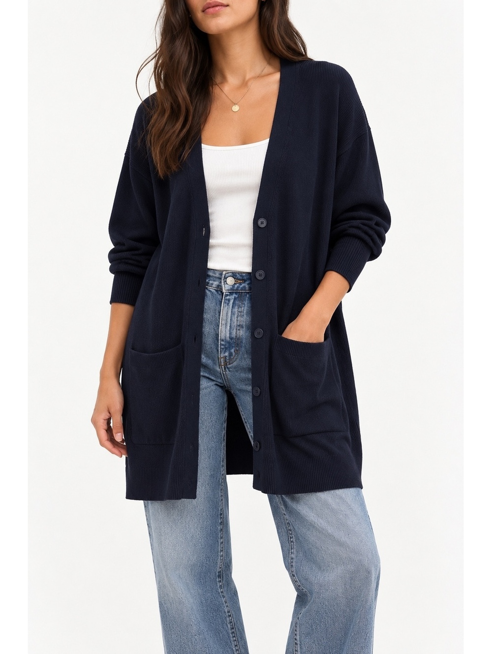 Vintage DKNY Essentials Bergdorf Goodman Longline Cardigan Navy Blue M Y2K